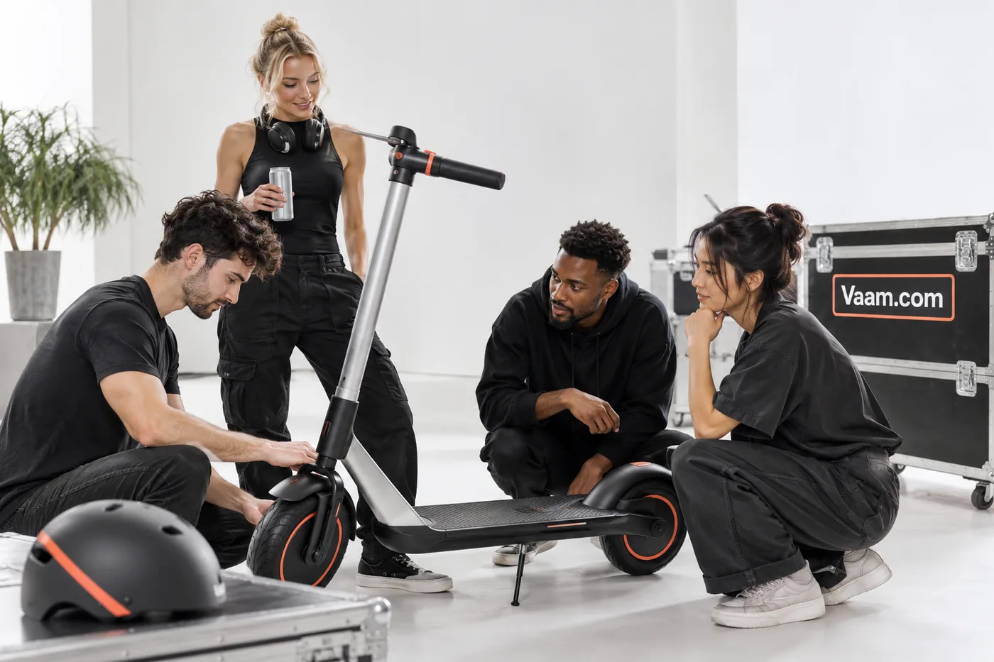 A team examining a scooter beside a Vaam.com equipment case