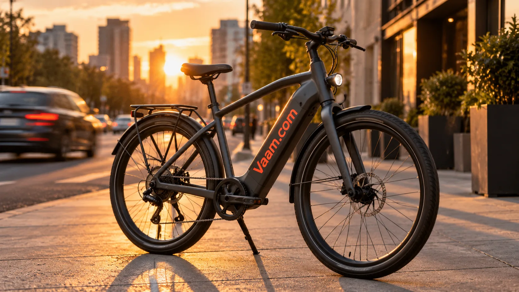 An electric bike in a city street at golden hour