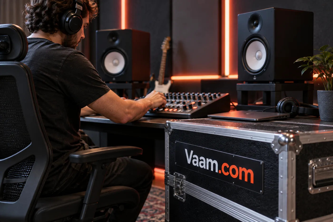 An audio creator at a mixing console beside a Vaam.com equipment case