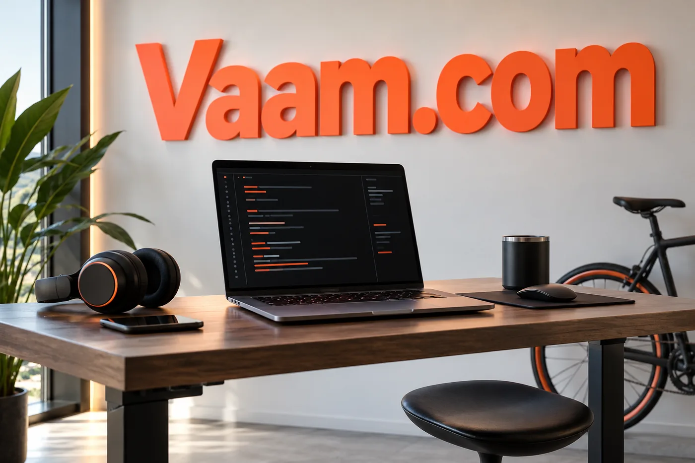 A laptop and headphones beneath a coral Vaam.com wall sign
