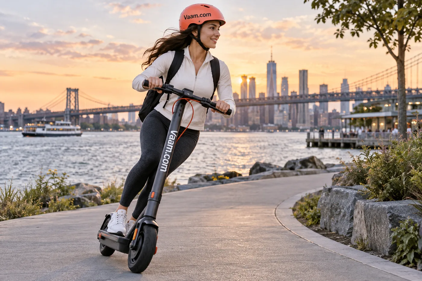 A scooter rider wearing a coral Vaam.com helmet beside a city waterfront