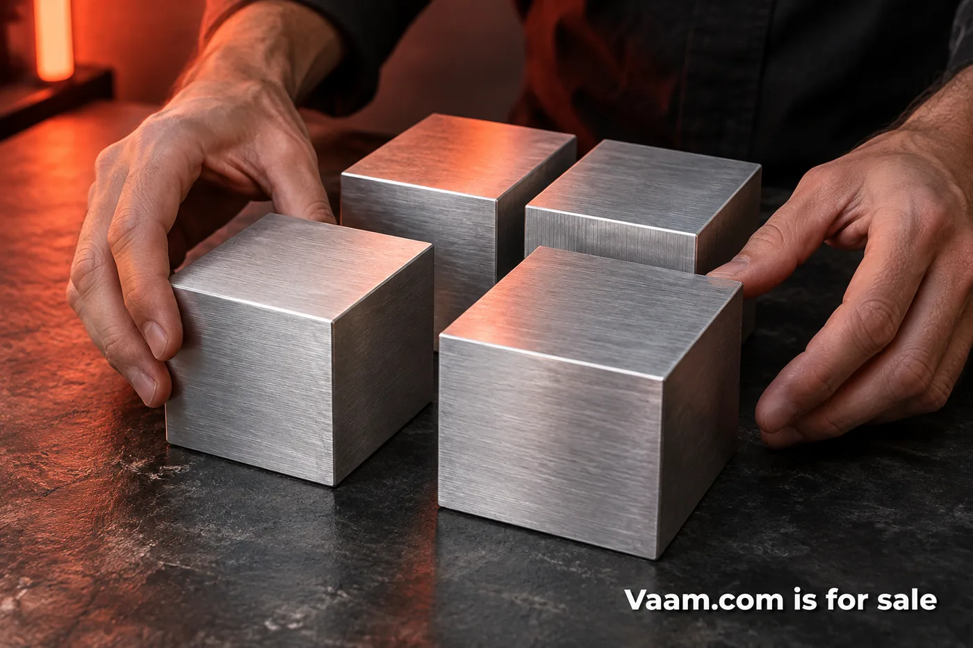 Hands arranging four metal letters to spell VAAM, with a small Vaam.com is for sale watermark