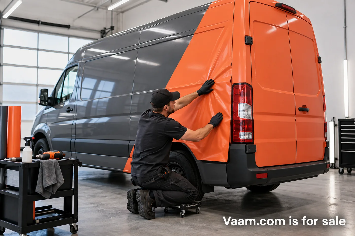 A technician applying a coral vehicle wrap, with a small Vaam.com is for sale watermark